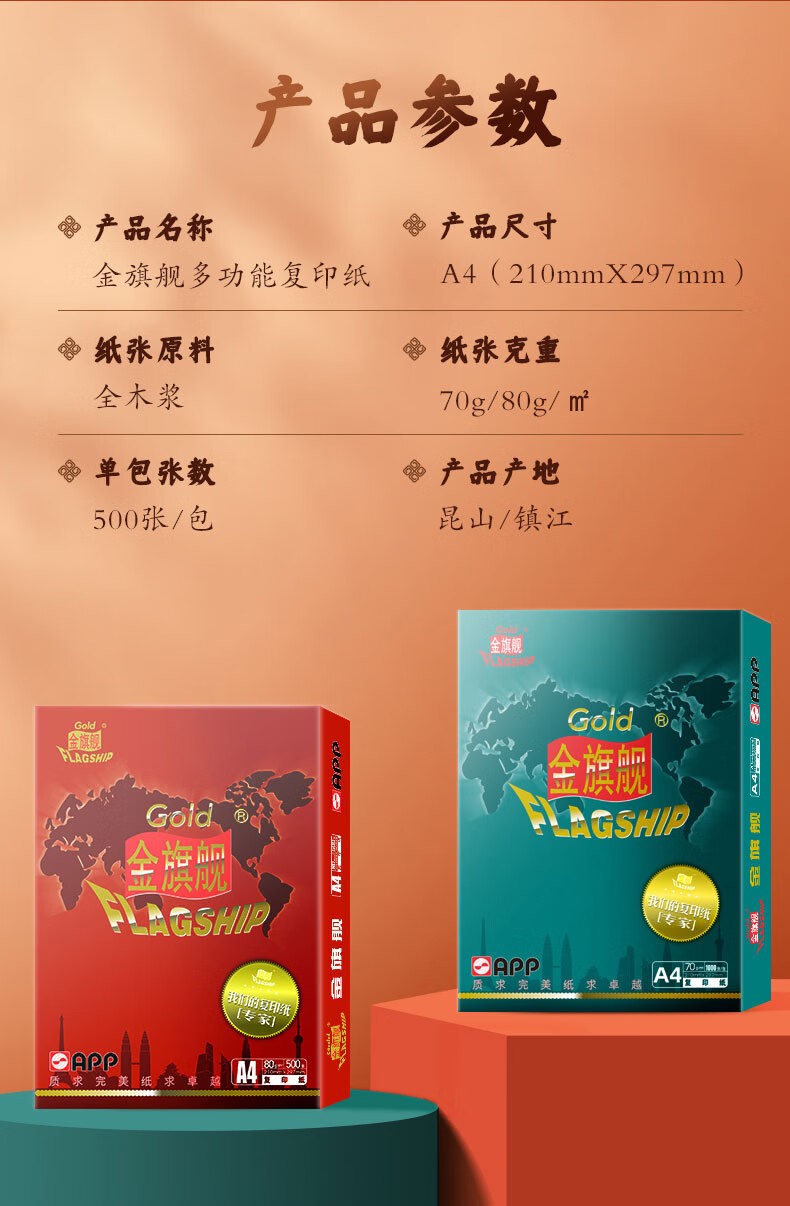 金旗舰70克A4 复印纸 高档打印纸 500张/包 5包/箱（2500张）APP金光（APP）