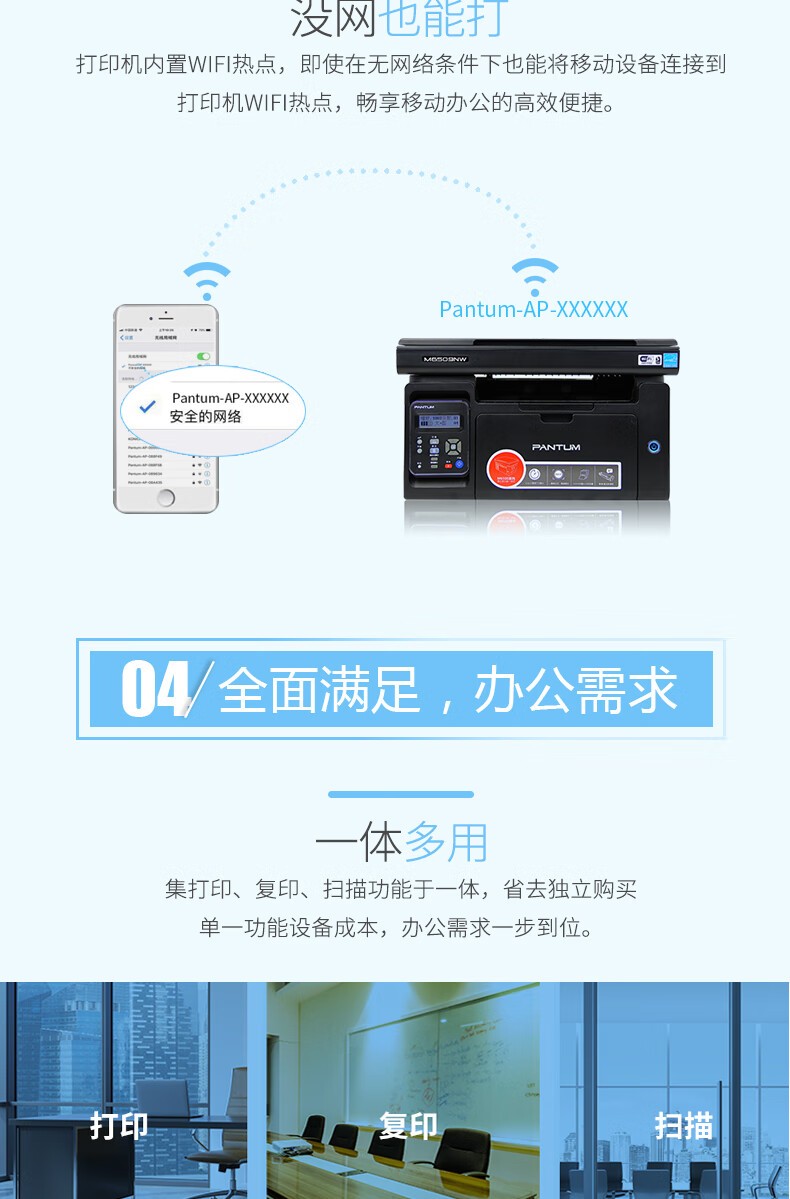 奔图（PANTUM） M6509NW黑白激光多功能一体机打印复印扫描便捷打印机高速打印家用办公共享打印USB+NET+WIFI