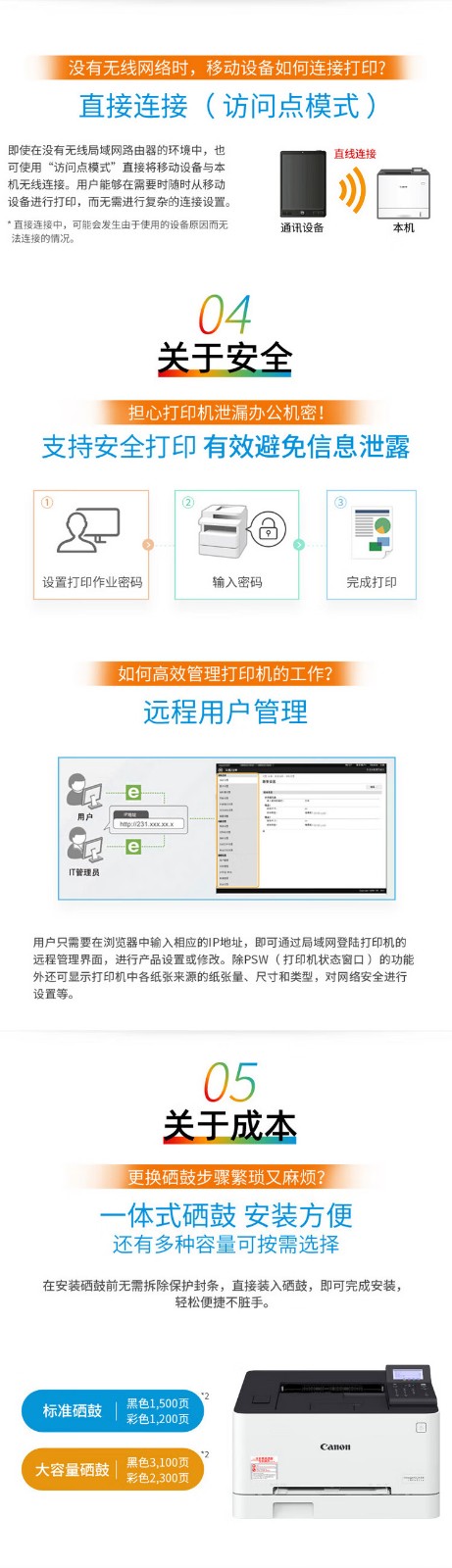 佳能（Canon） LBP621Cw A4幅面无线彩色激光单功能打印机（打印/大容量进纸家用 ）