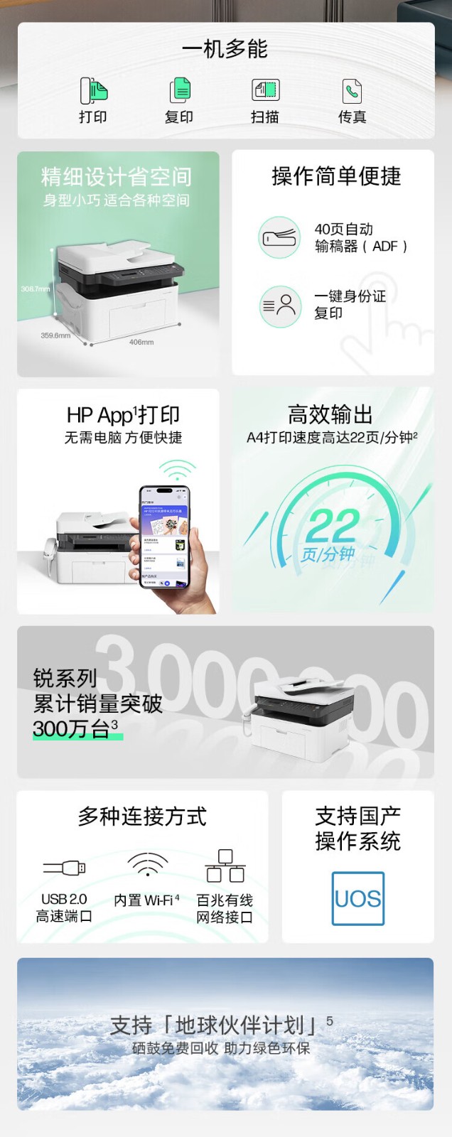 惠普（HP）1188pnw 激光多功能家用一体机四合一打印复印扫描传真166A硒鼓自动进稿器无线版